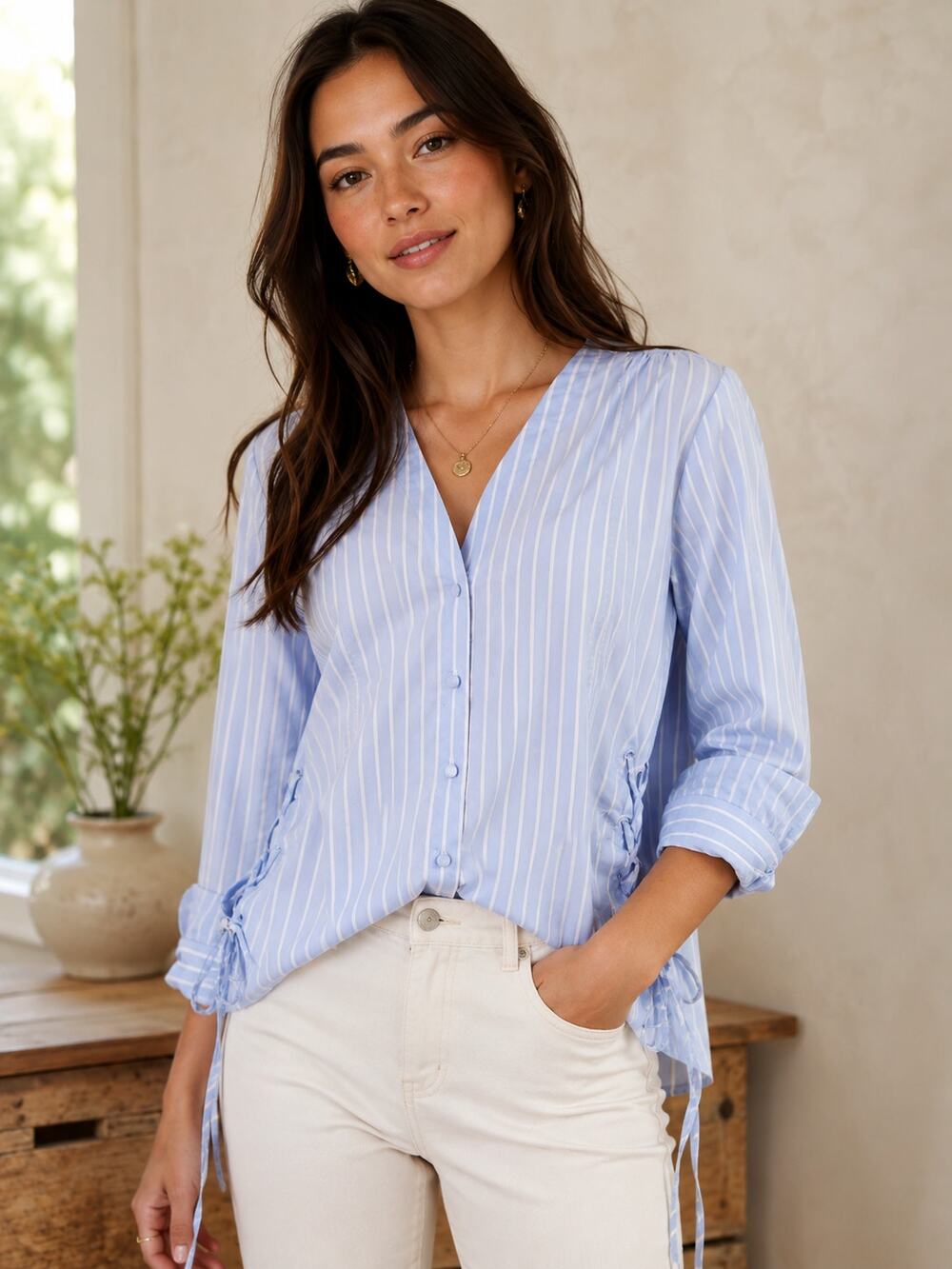 Mare Mare x Anthropologie SZ XS Blue Striped Henriette Lace up Sides Button Down